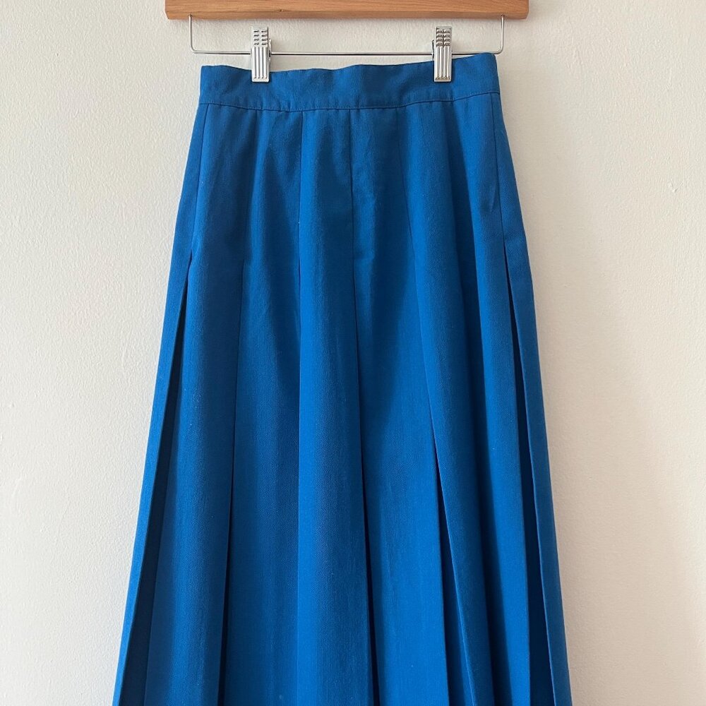 Cerulean Blue Vintage  Pleated Midi Skirt- Wool Blend